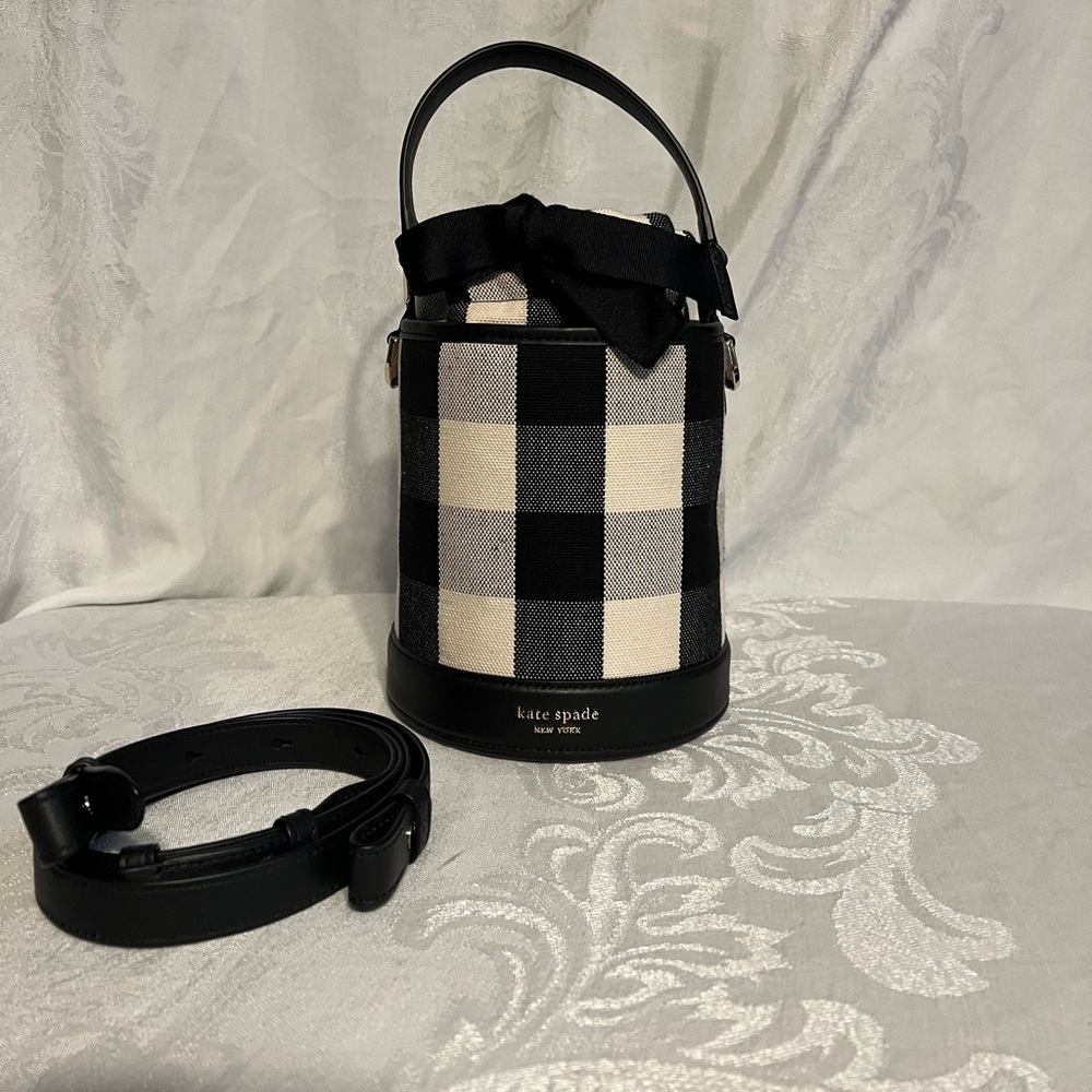 Kate Spade black multi picnic gingham small bucket bag